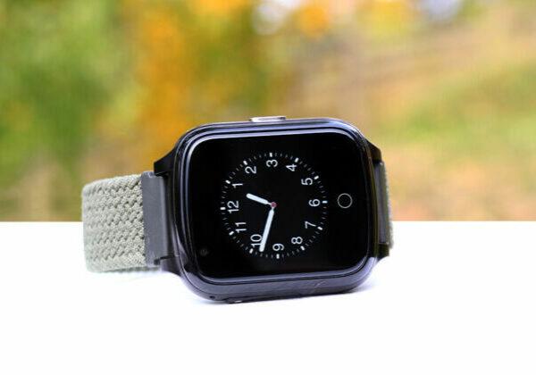 Sensorem's security alarm in a GPS watch. Smartwatch with gray velcro strap